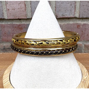 Set‎ of 2 Vintage Made In Italy Brown Yellow Snakeskin Cuff Bracelet Gold Tone